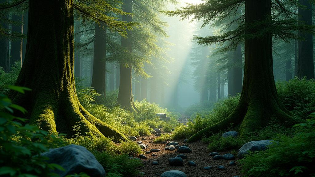 Detaljert og realistisk 3D-gjengivelse av en tett urskog med mosekledde trær og sollys som siver gjennom løvverket.